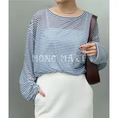 【 MONO-MART 】シアーボーダーオーバーサイズプルオーバー/ブルー