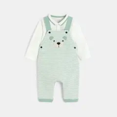 クマ刺繍付きストライプロンパース