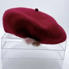 passage mignon ベレー帽 ファーポンポン飾り付き ワインレッド