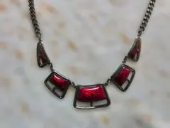 【昭和レトロ】赤×ブロンズ ヴィンテージ風ネックレス 幾何学モチーフ 難あり