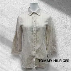 TOMMY HILFIGER ストライプシャツ　リネン混7分袖　スリット糸