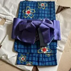 青と黄色の花柄 浴衣・帯セット