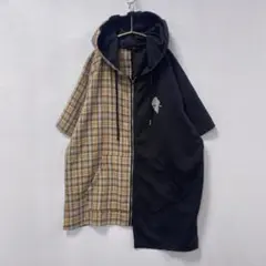 ニーアクロージング/チェック×無地/アシメントリー/半袖フーデッドジップパーカー