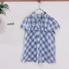 earth music&ecology チェック半袖フリルシャツ 胸元フリル M
