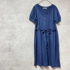 ディップドロップス　ワンピース　紺　ひざ丈　半袖　リボン　ベロア　春夏秋　M