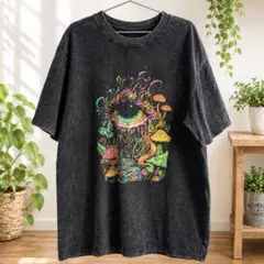 サイケデリックアイ＆マッシュルームプリント Tシャツ