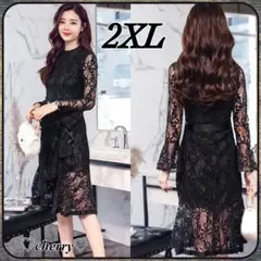 フォーマル ドレス レース フレア ブラック 2XL 膝丈 総レース