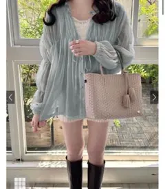 GRL ギャザーシフォン楊柳ブラウス nk05 シャツ ブルー 青