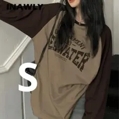 長袖 プリント Tシャツ ブラウン 茶 Sサイズ