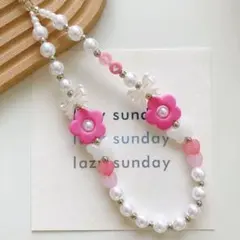 ハンドメイド໒꒱⋆ピンク フラワー パール リボン ビーズ ストラップ チャーム