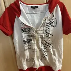 COLLINS 半袖 ジップアップ パーカー ホワイト×レッド M
