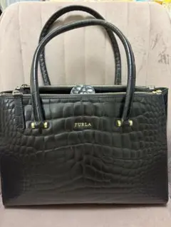 フルラ　FURLA　ハンドバッグ　クロコ型押　ブラックのサムネイル