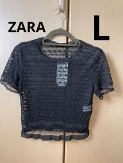 ZARA ザラ　レース　トップス　ブラック　黒　半袖