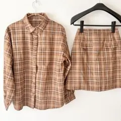 2点セット NICE CLAUP チェック スカート シャツ セットアップ 茶