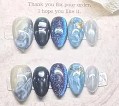 ネイルチップ Sサイズ 青　シルバーマグネット　ニュアンス　ベージュグレー