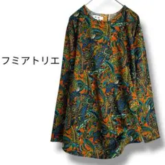 【フミアトリエ】カットソー　総柄　花柄　ハーフジップ　長袖　異素材　ミセス　婦人