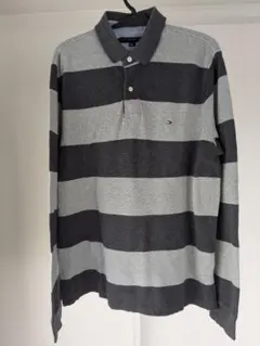 TOMMY HILFIGER グレーと黒のストライプ ポロシャツ M