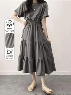 SHEIN DAZY ティアードワンピース ドロー紐 グレー コットン フリル