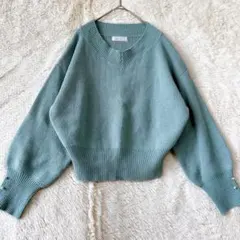 フェルゥ　長袖　リブニット　Ｖネック　パールボタン　バルーン袖　綺麗めカジュアル