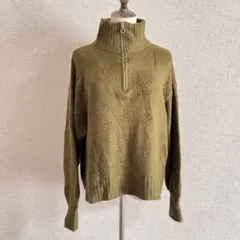 THE SHOP TK/オリーブグリーン ハイネックニット 襟付きジップセーター