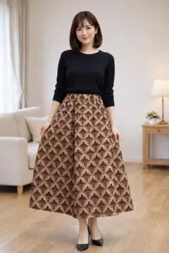 フレアロングスカート 冬 厚手 ダマスク