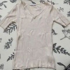 AUNT MARIE'S オフホワイトVネック 五分袖 Tシャツ