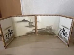 平安屏風ミニ屏風 4曲 45cm 白木作り　山水画 五重塔 御所車 人形用 背景のサムネイル