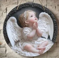 天使の子供の彫刻3Dプリント木製 壁飾り 直径約20cm