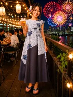 浴衣リメイク マキシ丈ワンピース 紺地 サービス品‼️御予約となりまし