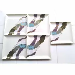 美濃焼 翔山窯 陶彩 ちぎり絵 角皿 5枚セット 菓子皿 銘々皿 金彩 和食器