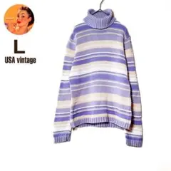 【USA古着】セーター　タートルネック　パープル　ボーダー　マルチカラー　長袖