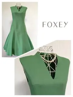 ☆FOXEYフォクシーVネックワンピースグリーン40☆