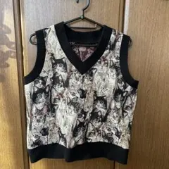 猫柄 Vネック ベスト