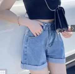 ロールアップヘムハイウエストデニムショートパンツ[at703]
