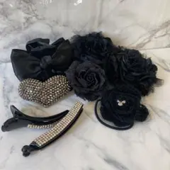 シュシュヘアピンクリップブラックシリーズ　8点セット薔薇豪華小物まとめ売りハート