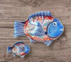 絢爛 古伊万里風 焼物皿 染錦波兎魚型 小付　2点セットのサムネイル