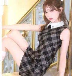 michell macaron バイアスチェックマーメイドワンピース　タグ付き バイアスチェックドレープキャミワンピース(M BROWN): ワンピース