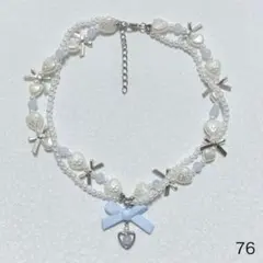 ビーズネックレス　青　リボン　ハート　フェアリーグランジ y2k ウィッシュコア