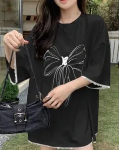 Dazy リボン柄 半袖Tシャツ ブラック