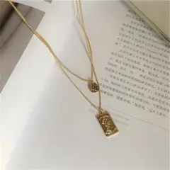 2連 ゴールド ネックレス コイン プレート スクエア ヴィンテージ風 高見え