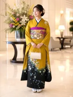 【振袖フルセット】身丈169cm 裄68cm桜染め分山吹色 佐賀錦袋帯 桜尽くし