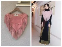 VINTAGE♡ペールピンクフリンジケープ♡itimi shuryジャンティーク