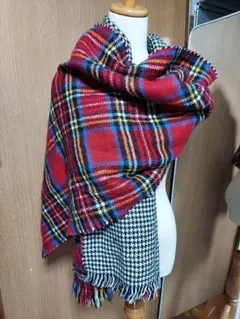 リバーシブル大判ストール 千鳥柄 タータンチェック マフラー