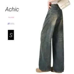 新品 Achic ワイドデニム ブラック S 綿100% ハイウエスト 韓国