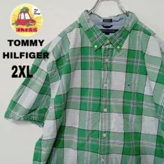 USA古着 TOMMY HILFIGER　半袖ボタンシャツ2XLグリーンホワイト