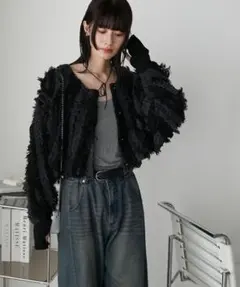 【forksy.】2wayボリュームフリンジニットカーディガン