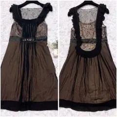 美品 ドレス ワンピース シルク ビジュー バック レース ノースリーブ 黒