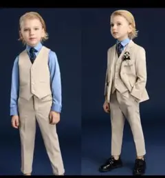 【フォーマル】ベージュ 3ピーススーツ 水色シャツ【130cm】