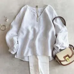 美品 ◆ スピックアンドスパン　ブラウス　リネン　ストライプ　ブルー　ホワイト