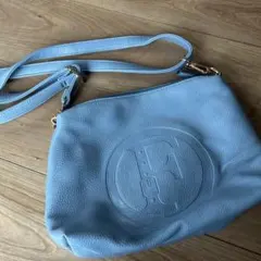 値下げ！水色レザーショルダーバッグ ロゴ入り
